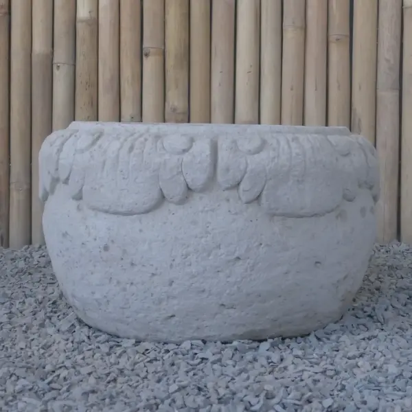 Product image 4 of the product “Balinese style flat round pot, with carving - 60 cm Dia., 35cm Height, Taro sand ”